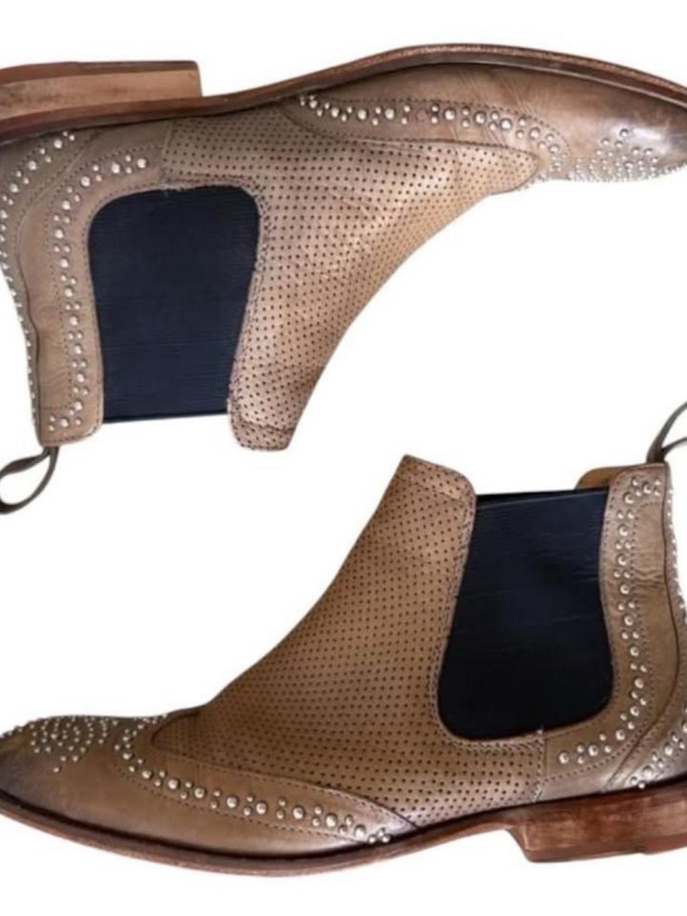 Vintage Perforated Leather Chelsea Boots Studs cowgirl cowboy booties green tan